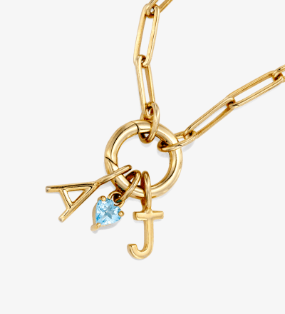 Gold Chain Necklace with Letter Charms and Blue Topaz Stone Pendant.