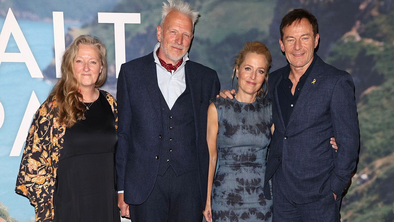 Raynor Winn, Moth Winn, Gillian Anderson and Jason Isaacs attend the London Special Screening of The Salt Path at the Curzon Soho on May 22, 2025 in London, England