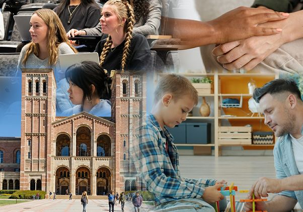 Collage, clockwise from top left, of students in class, a hand atop another person's hands, a dad and son, and a brick building (Royce Hall)