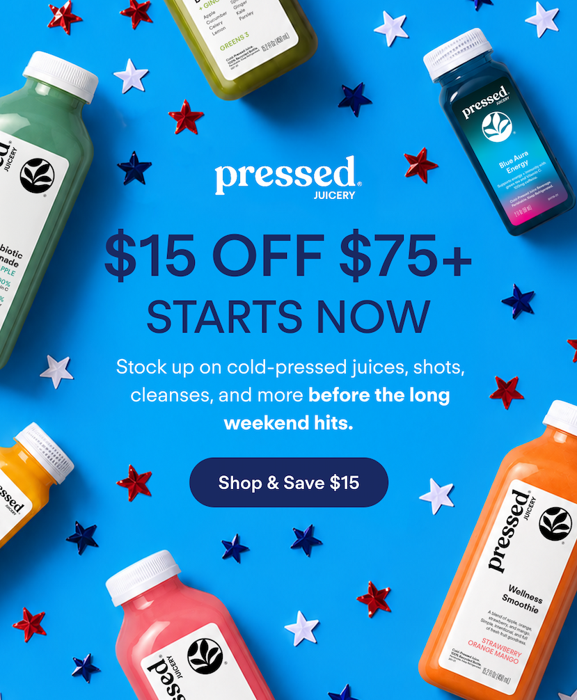 $15 OFF $75+ starts NOW. Stock up on cold-pressed juices, shots, cleanses, and more before the long weekend hits.&nbsp;