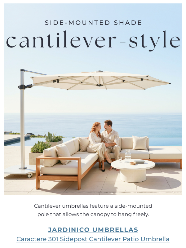 Side-Mounted Shade - Cantilever-Style. Jardinico Umbrellas Caractere 301 Sidepost Cantilever Patio Umbrella.