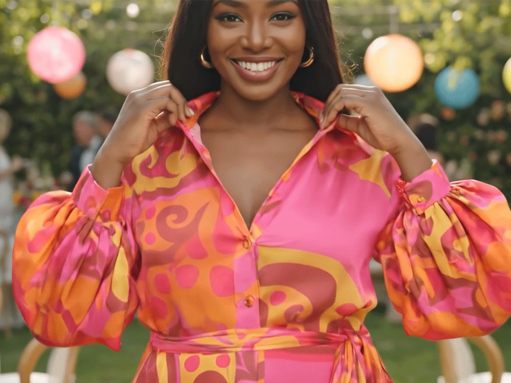 Gif of a woman in a pink and orange retro print dress showing off the collar as the camera pans out.