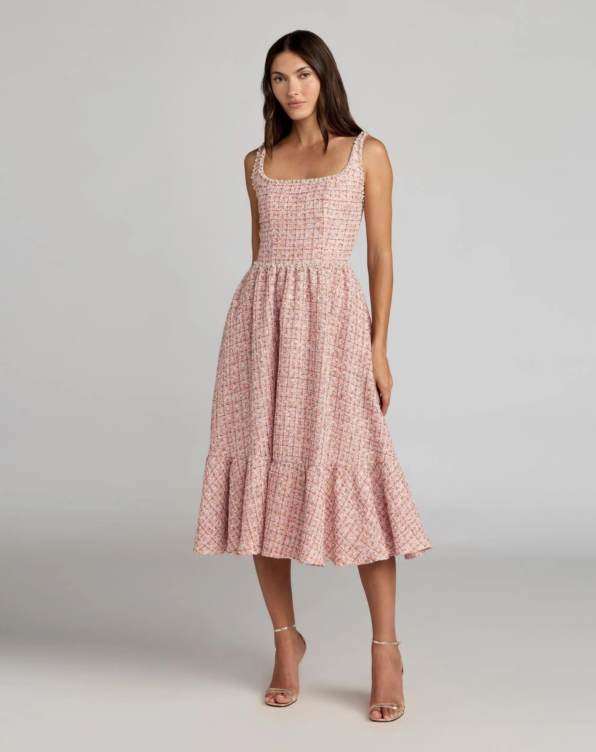 Image of Pink Pearl Embellished Sleeveless Boucle Midi Dress