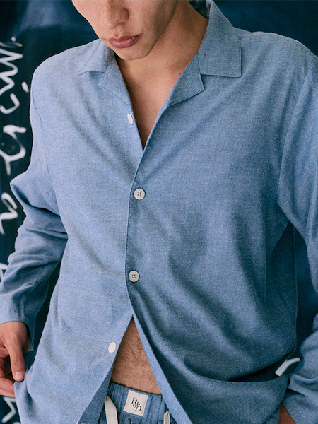 Close up of 402 Long Pyjama Set Chambray Blue