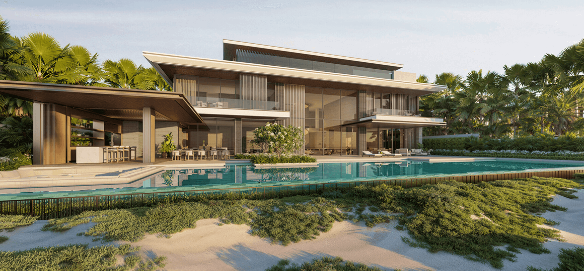 A modern beachfront villa with a spacious pool.