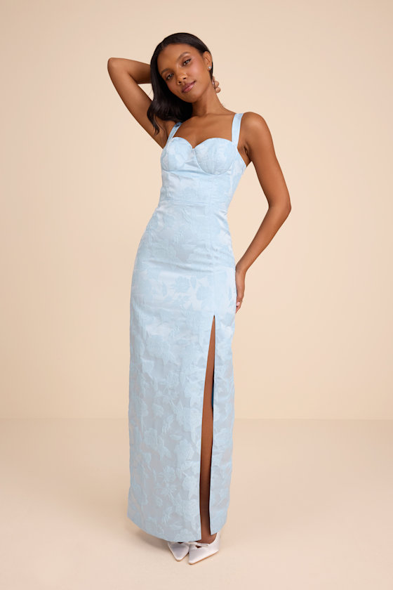 Image of Demina Light Blue Floral Jacquard Bustier Maxi Dress