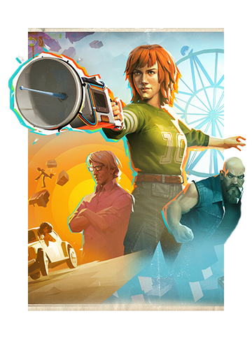 Key art for Yerba Buena featuring Barb framed by a collage of colorful characters as she wields the Oscillator.