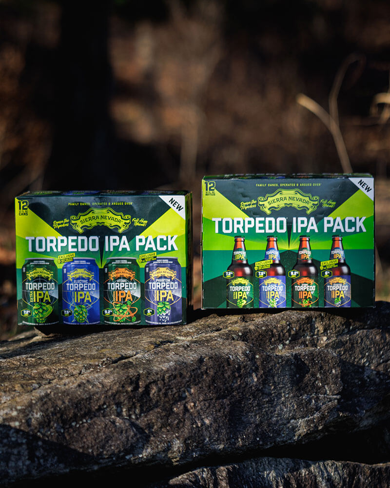Two Torpedo IPA Packs—one of cans, one of bottles—on top of a boulder