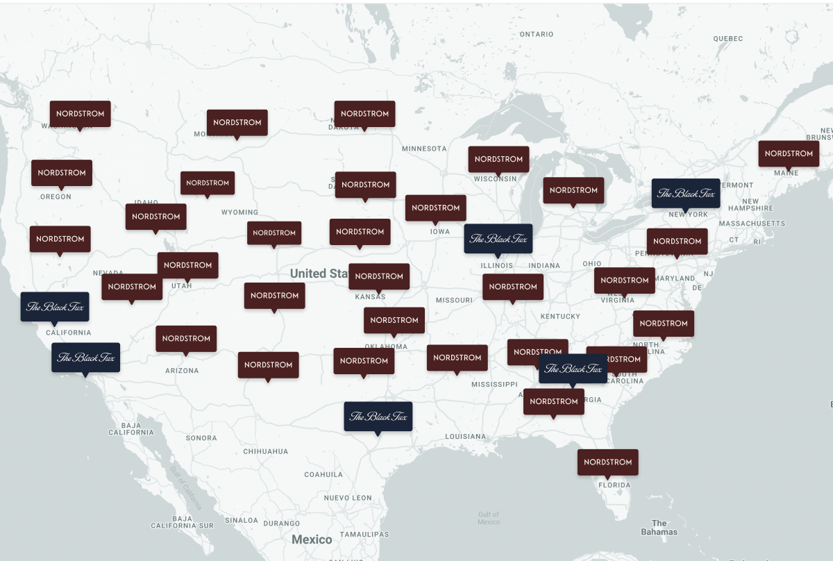 Map of TBT showrooms across the United States of America.