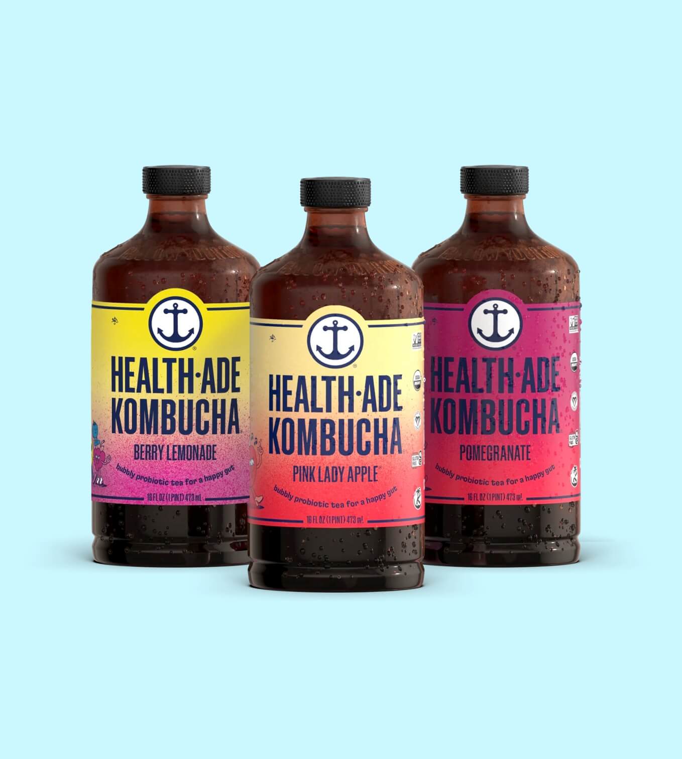 3 Health-Ade Kombucha bottles 