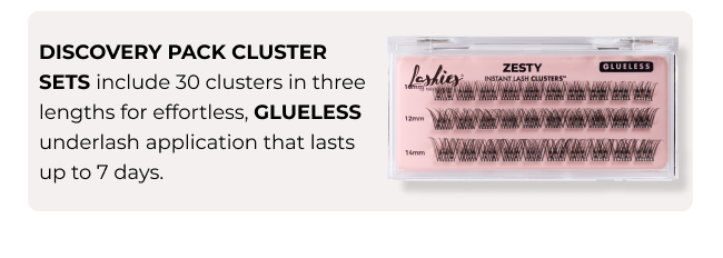 White section titled “Discovery Pack Cluster Sets” explaining 30 clusters in three lengths with glueless wear up to 7 days, alongside an image of the Zesty cluster pack showing 12mm and 14mm rows.
