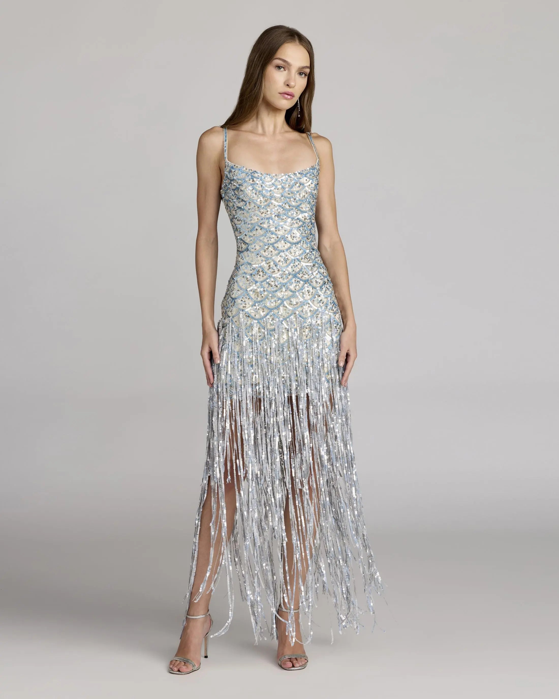 Image of Blue Silver Sequin Fringe Midi Dress