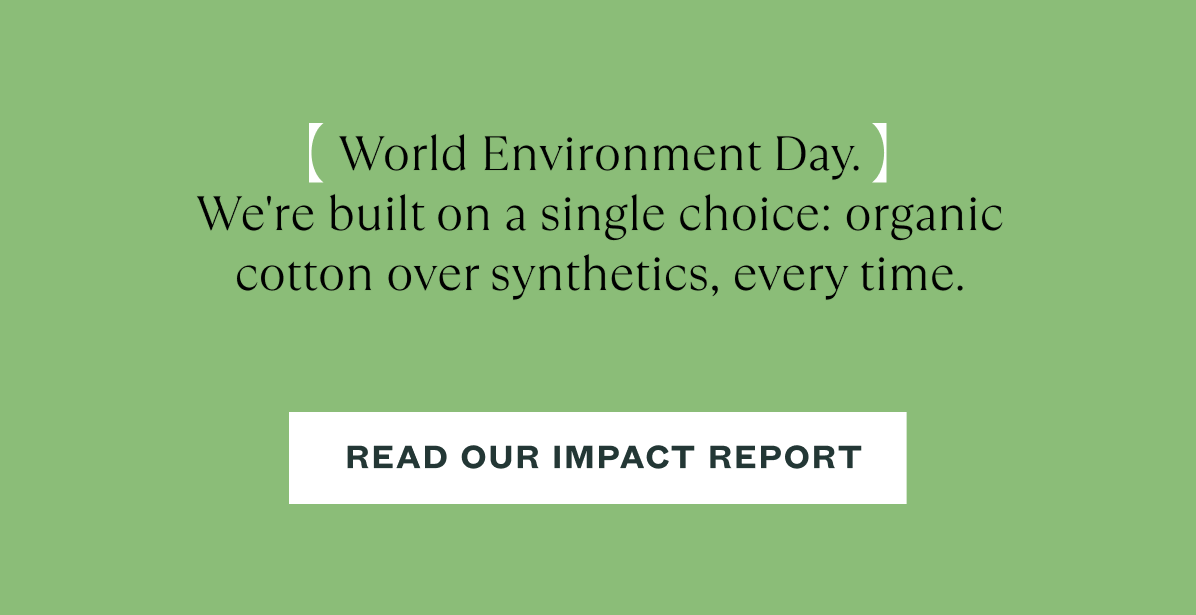 Educational graphic explaining how  organic protects the environment  with CTA button: “Choose Organic Cotton.”