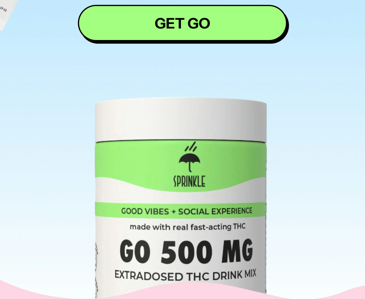Container of Sprinkle Go 500 mg extradosed THC drink mix with a light blue background.