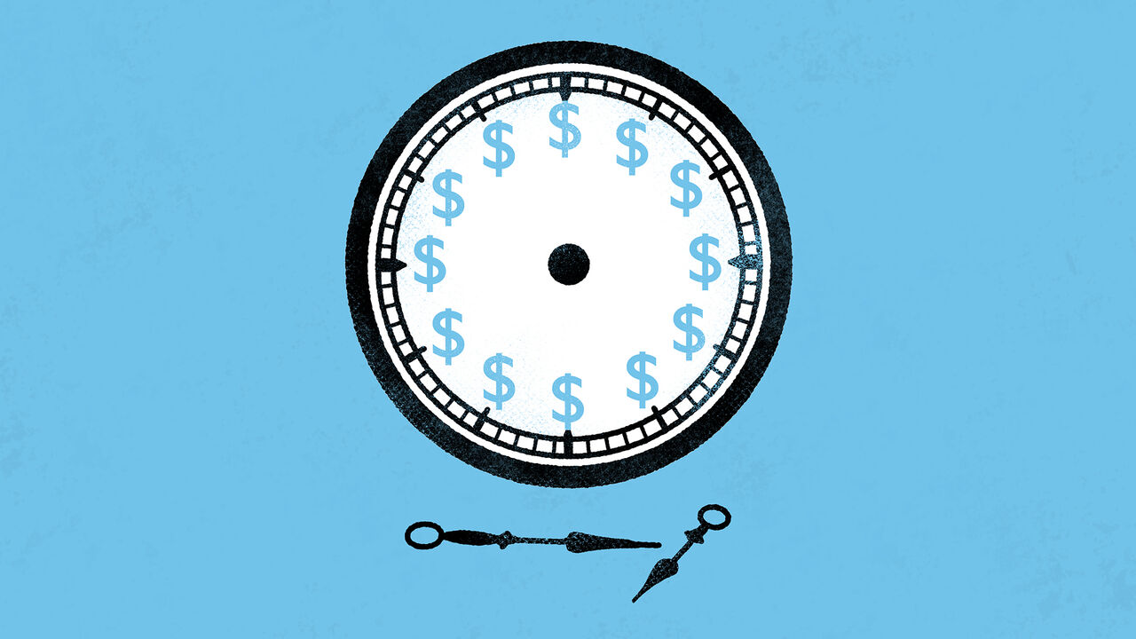 Illustration of a clock with dollar signs for hours and clock hands that have fallen underneath the face, on a blue background
