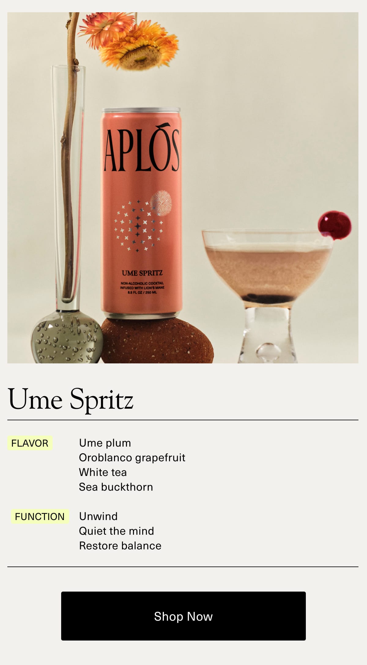 Ume Spritz | Flavor: Ume plum, Oroblanco grapefruit, White tea, Sea buckthorn | Function: Unwind, Quiet the mind, Restore balance | [ Shop Now ]