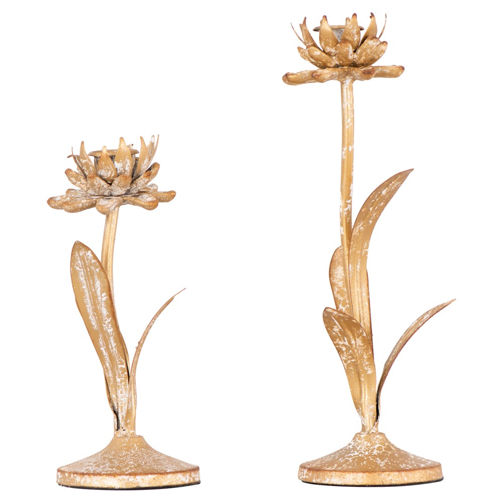 Image of Malone French Country Distressed Gold Iron Floral Candleholder - Set of 2