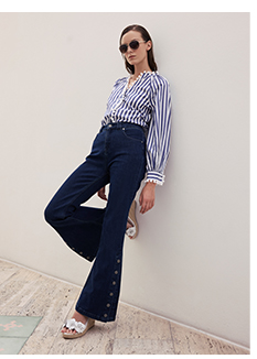 Blue and White Thin Striped Poplin Shirt With Pom-Pom Embellished Neckline and Front Placket
