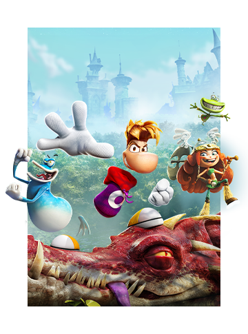 Key art for Rayman Legends Retold depicting Rayman and friends posing cheerfully on the head of a docile dragon.