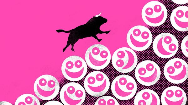 Illustration of a bull climbing a mountain of smiley faces