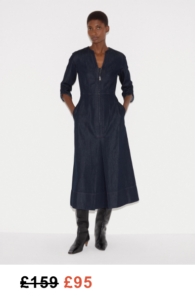 Chambray Zip Front Midi Dress