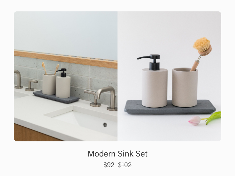 Modern Sink Set with soap dispenser and brush holder styled on bathroom counter now $92