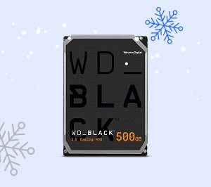 WD_BLACK 500GB 3.5 Gaming HDD with snowflakes on a light blue background.