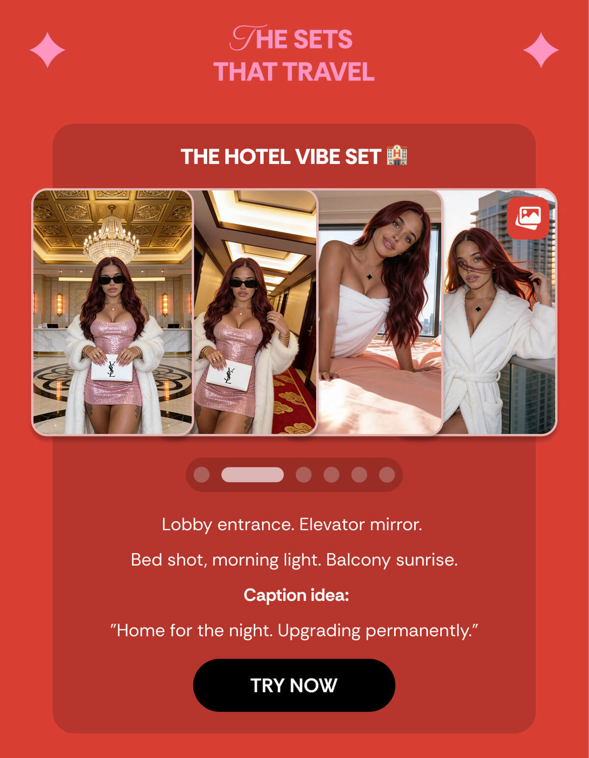 THE SETS  THAT TRAVEL THE HOTEL VIBE SET 🏨 Lobby entrance. Elevator mirror.   Bed shot, morning light. Balcony sunrise.   Caption idea:  "Home for the night. Upgrading permanently."