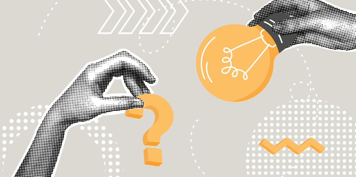 A collage of two hands, holding a question mark and lightbulb