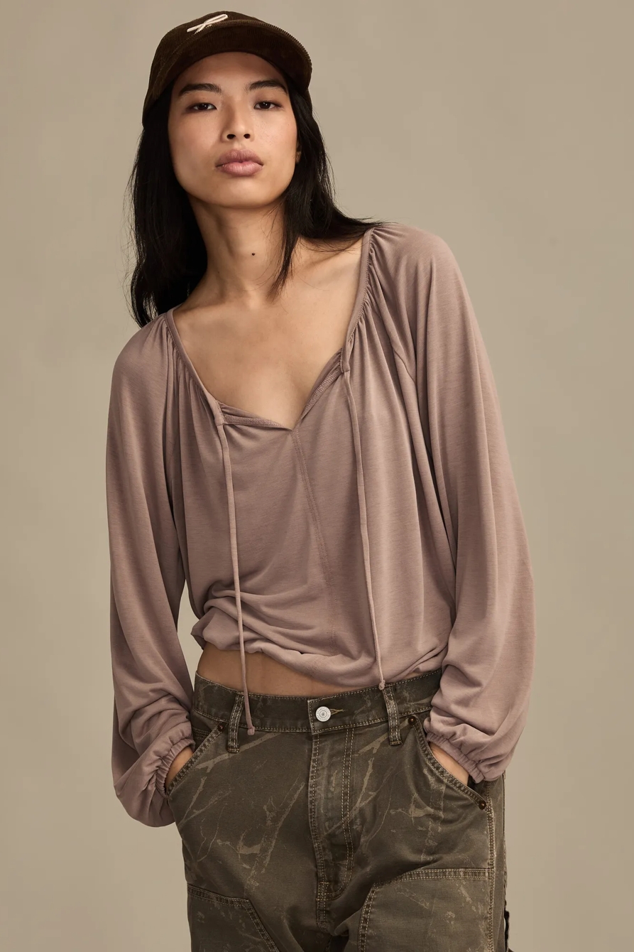 Image of Lucky Brand Tie Front Sandwash Bubble Top - Women's Clothing Tops Tees Shirts in Ginger Snap