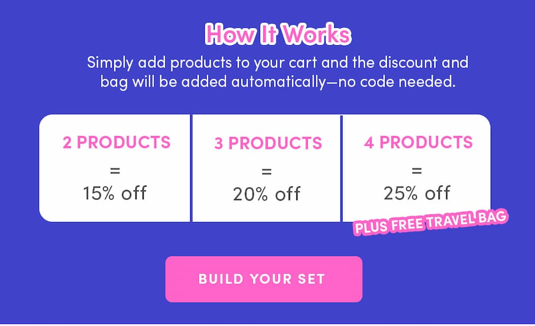 15% off 2 products, 20% off 3 products, 25% off + free bag with 4+ products