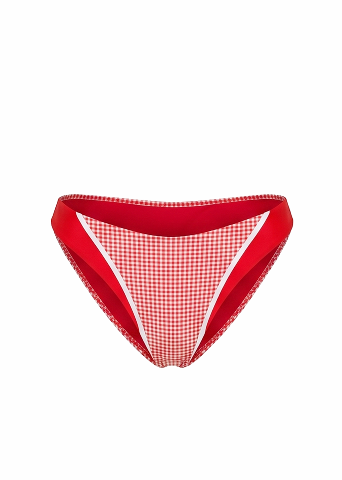 woman in red and white gingham and red color block bikini seen from the back