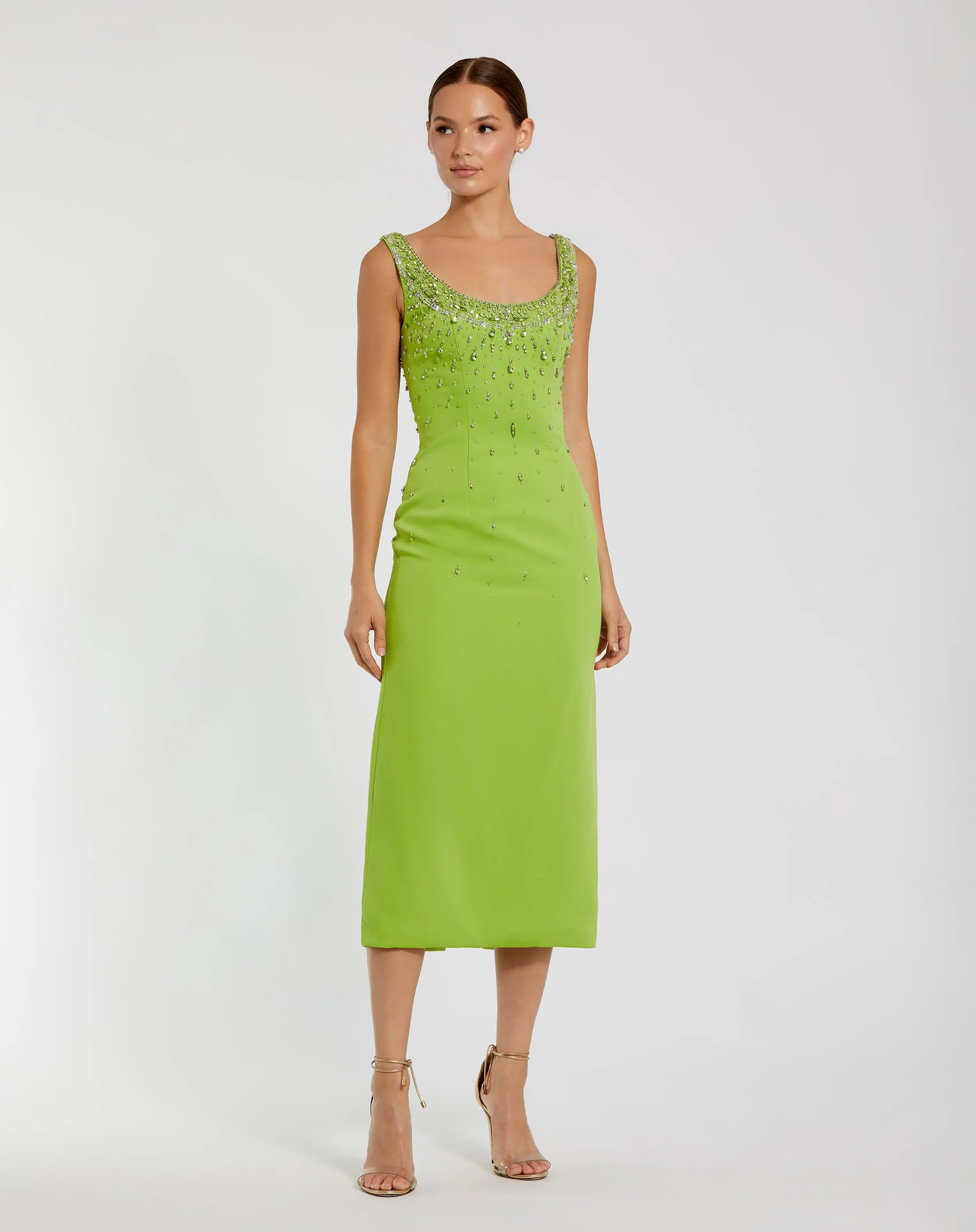 Image of Green Beaded Crepe Scoop Neck Sleeveless Midi Dress