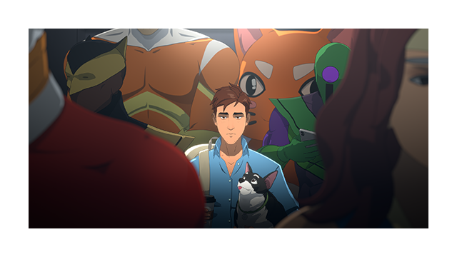 Key art for Dispatch featuring Robert Robertson III standing among costumed superheroes.