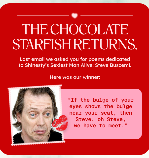 THE CHOCOLATE STARFISH RETURNS. Last email we asked you for poems dedicated to Shinesty’s Sexiest Man Alive: Steve Buscemi. Here was our winner: