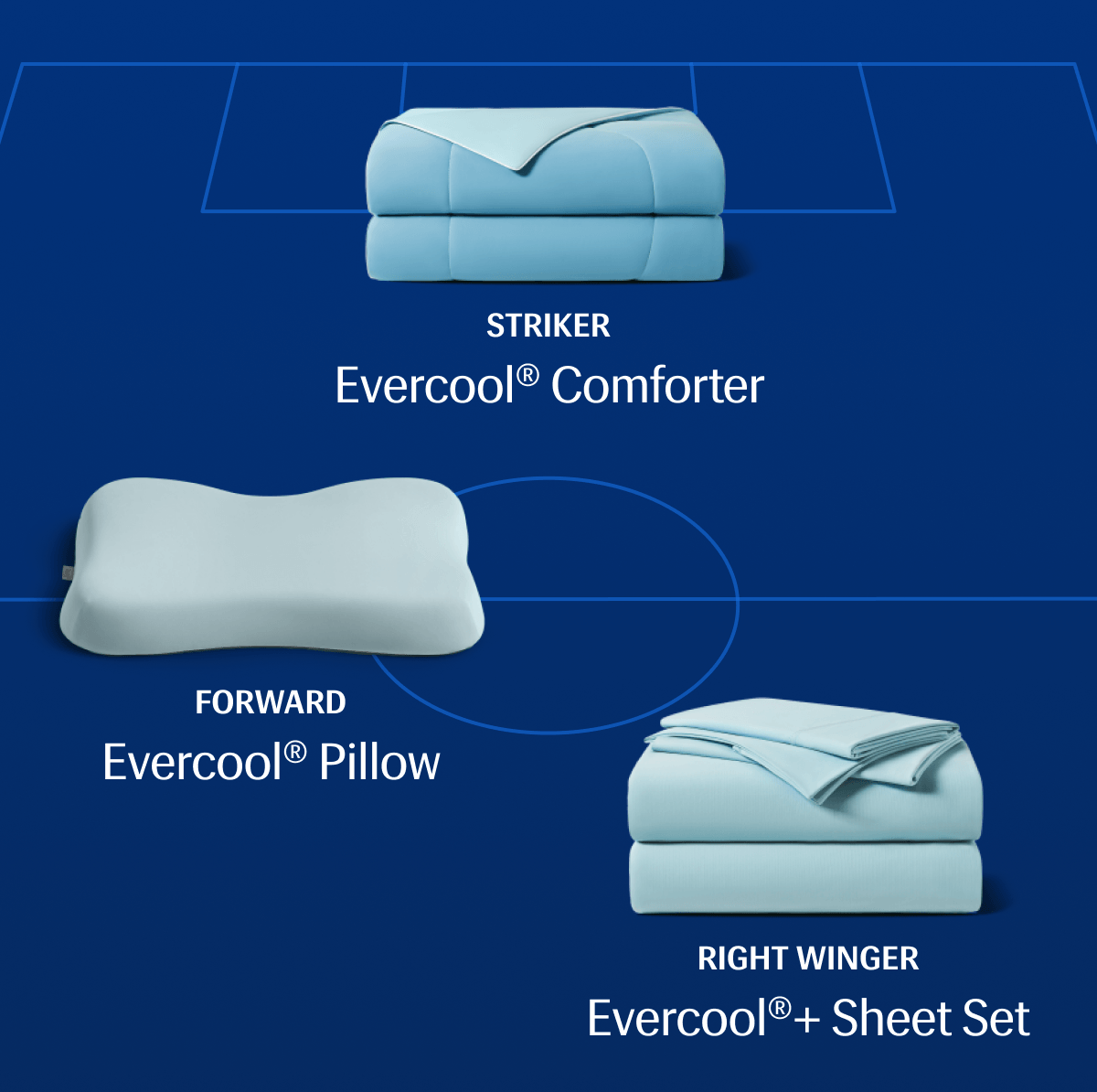 • Striker – Evercool® Comforter • Forward – Evercool® Pillow • Right Winger Evercool®+ Sheet Set