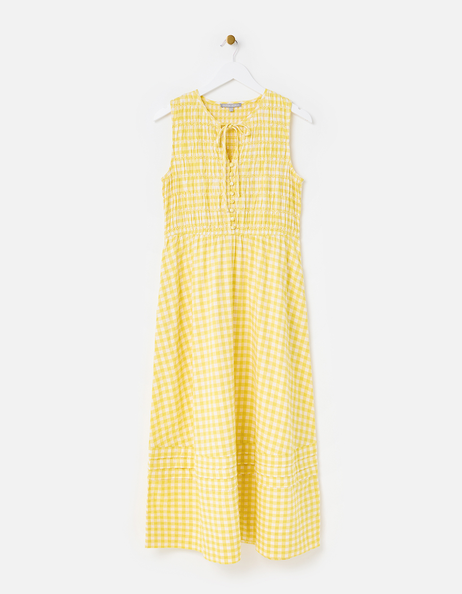 Yellow Gingham Shirred Bodice Sleeveless Cotton Midi Dress