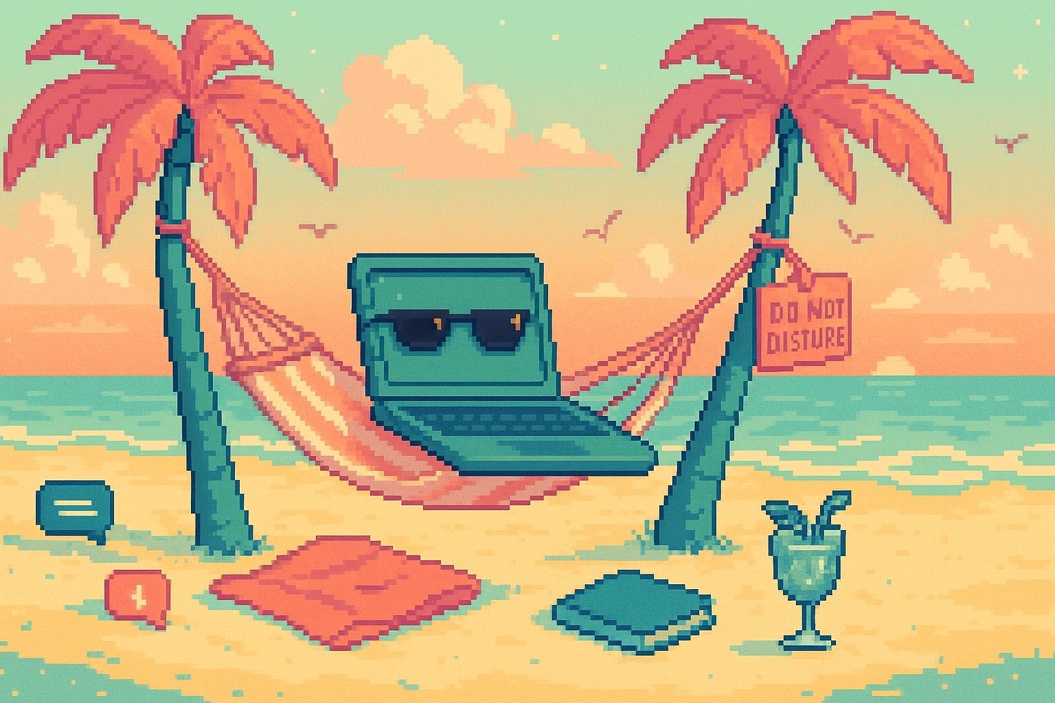 16-bit pixel art of a sunset beach with a laptop in sunglasses resting in a hammock between palm trees. A “Do Not Disturb” sign hangs from the laptop. Towel, cocktail and notebook lie in the sand with soft clouds and pixel birds in the sky.