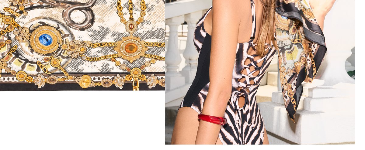 A close-up of a patterned fabric with gold accents and a woman wearing a swimsuit with a scarf.