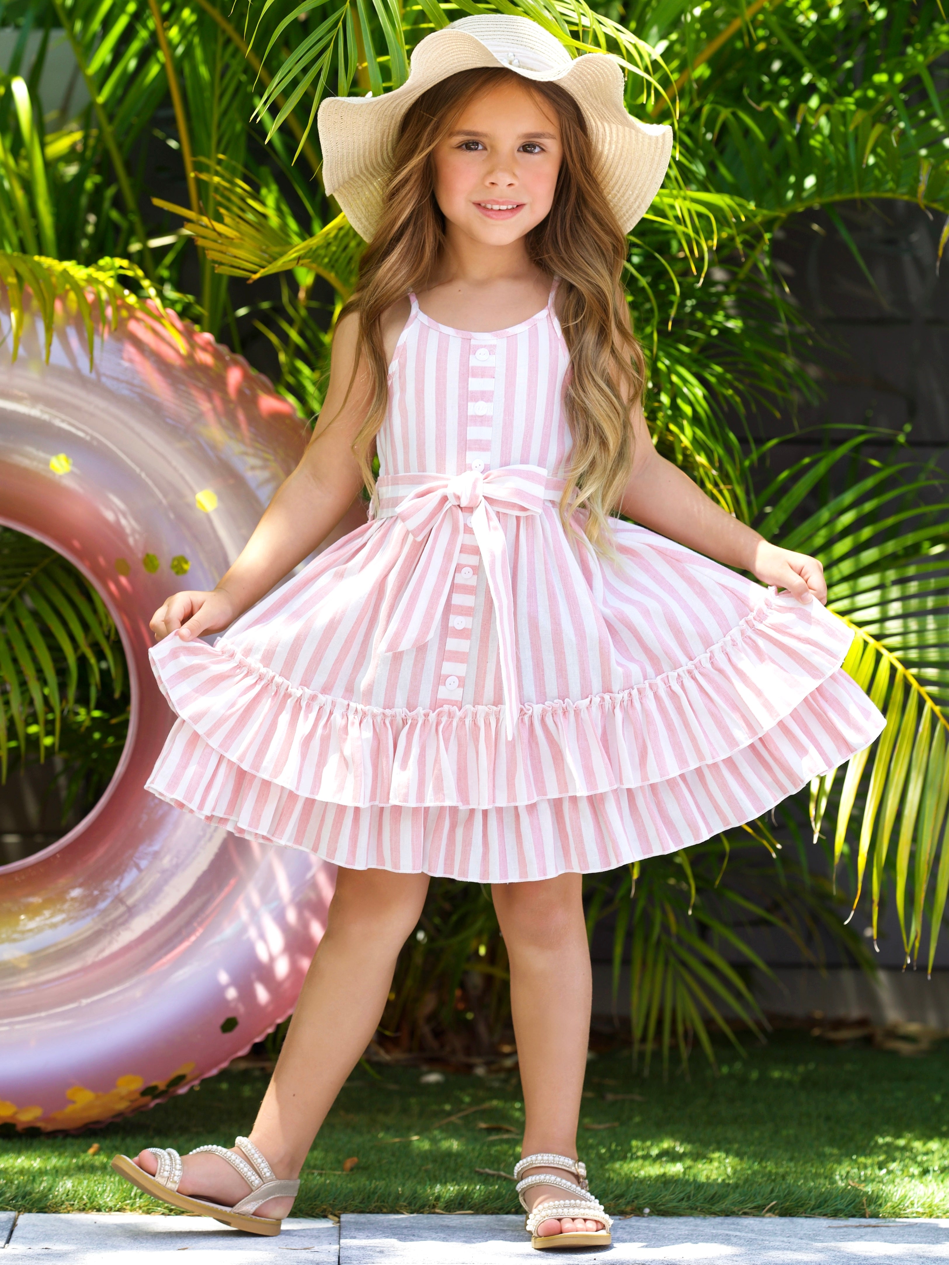 Image of Pink Candy Stripe Button-Up Linen Ruffle Dress