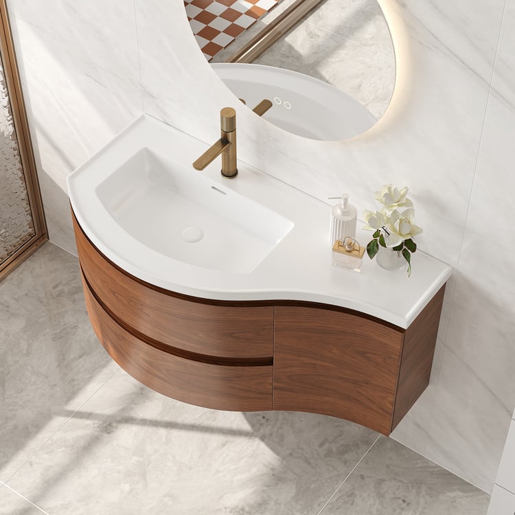 35" Floating Curved Bathroom Vanity Half-Circle Bathroom Cabinet Walnut
