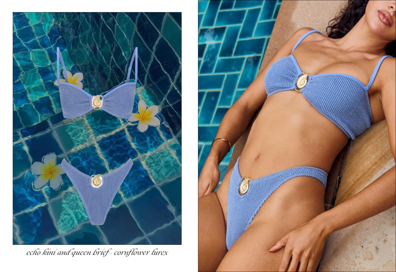 model wearing beaded bikini and blue floral bikini