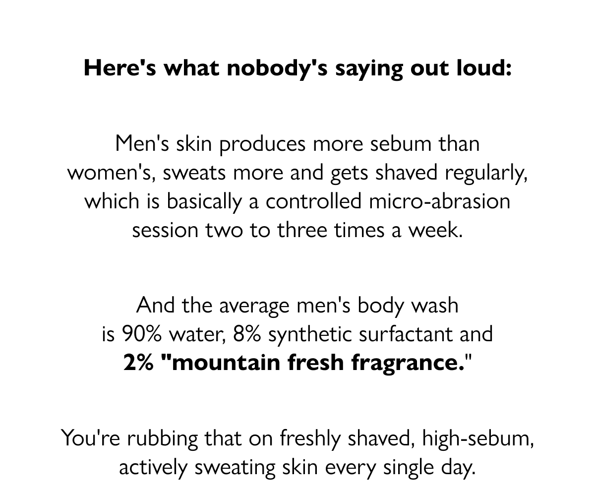 Here's what nobody's saying out loud:  Men's skin produces more sebum than women's, sweats more and gets shaved regularly, which is basically a controlled micro-abrasion session two to three times a week. And the average men's body wash is 90% water, 8% synthetic surfactant and 2% 