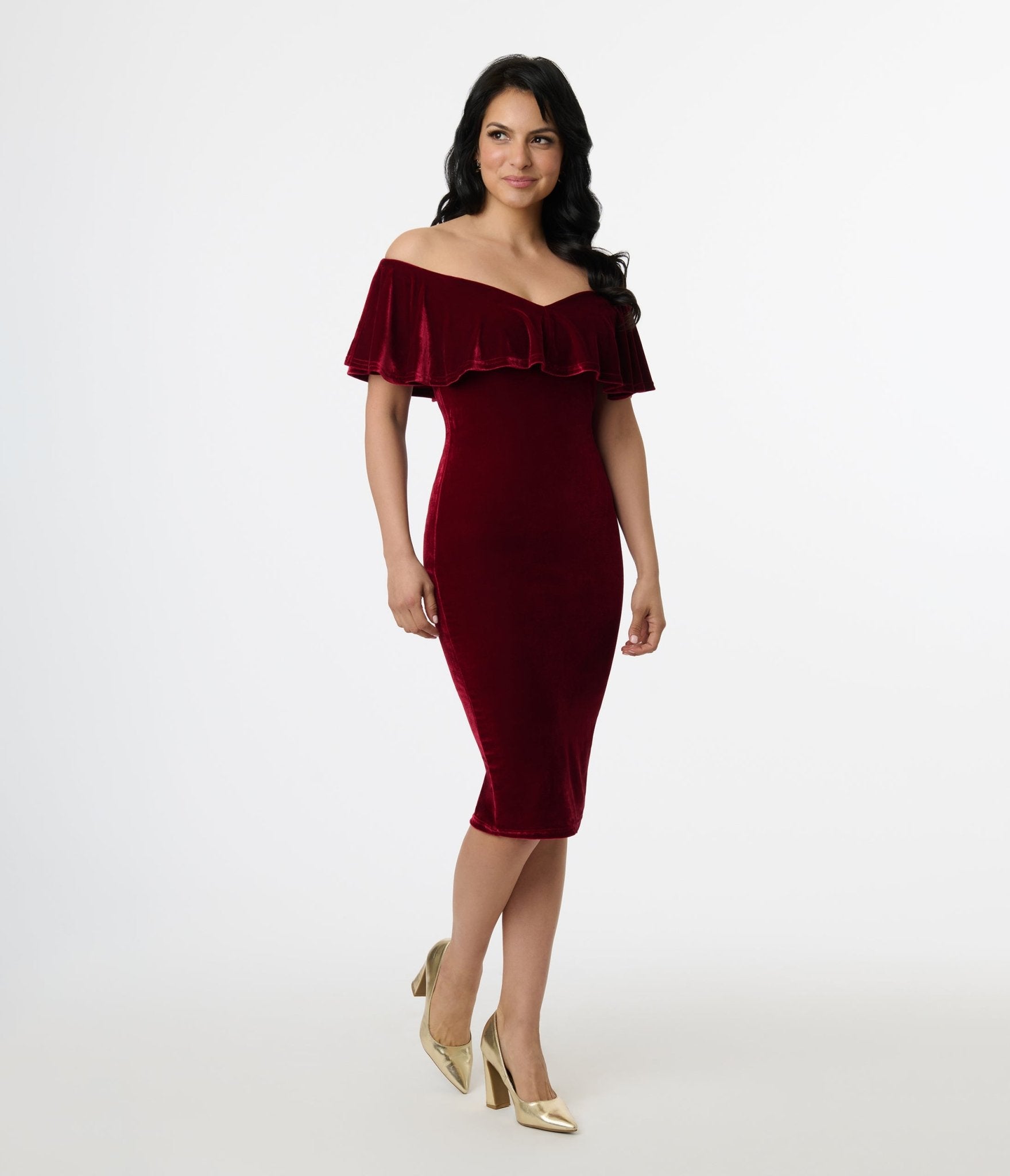 Image of Unique Vintage 1950s Burgundy Red Velvet Sophia Wiggle Dress