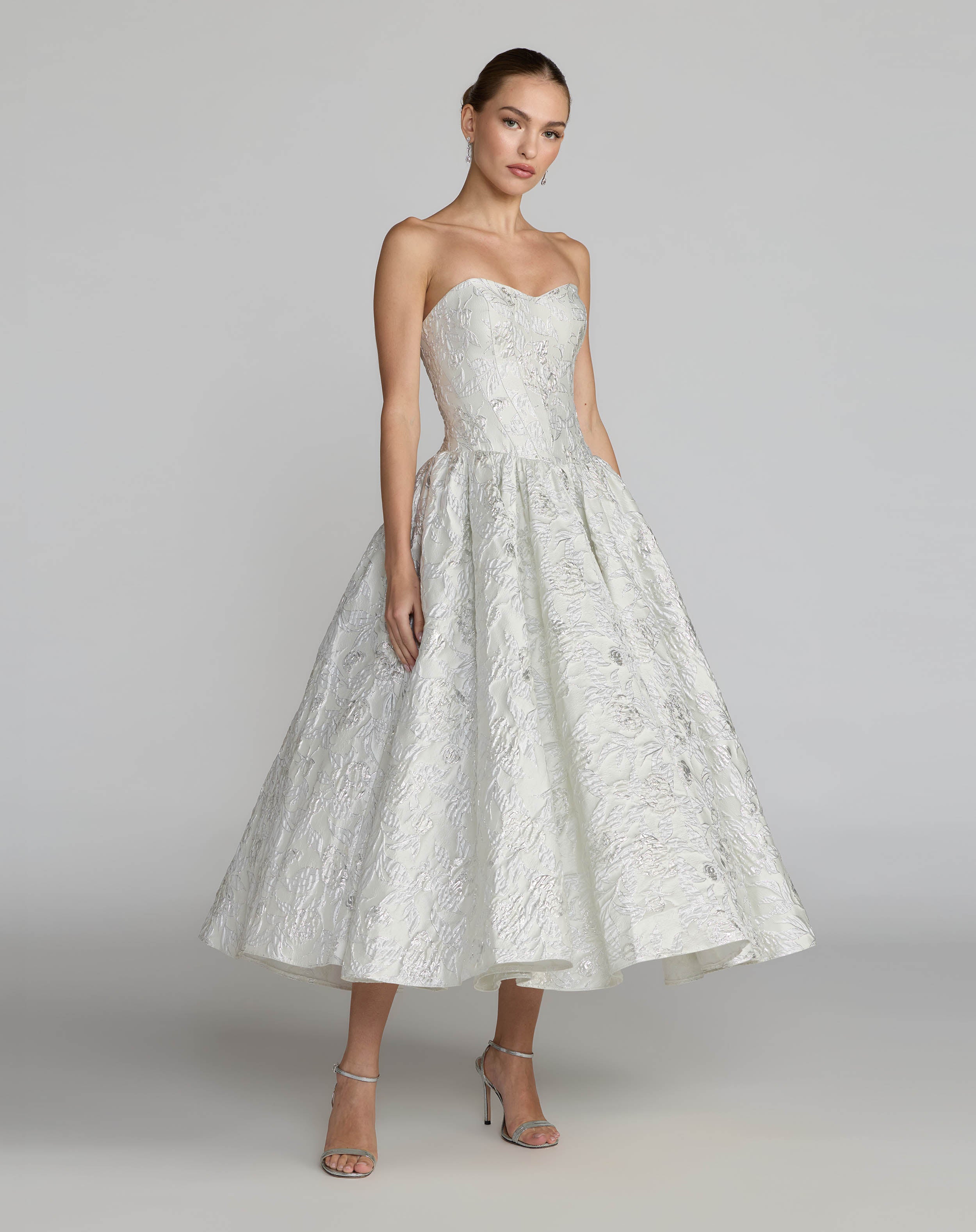 Image of Ivory Strapless Brocade Tea Length Dress