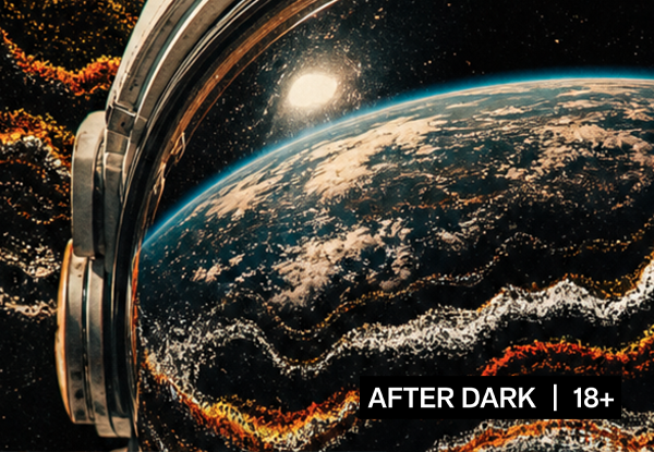 An illustration of an astronaut helmet with a reflection of earth on the visor.  