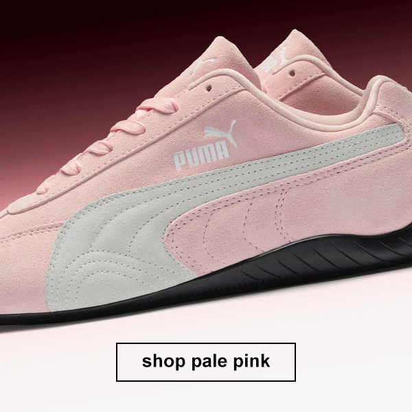 A GIF of two images of a pair of pale pink PUMA Speedcat trainers alongside the text 'shop pale pink'