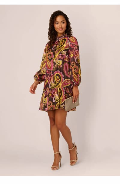 Long Sleeve Paisley Chiffon Trapeze Dress In Brown Multi