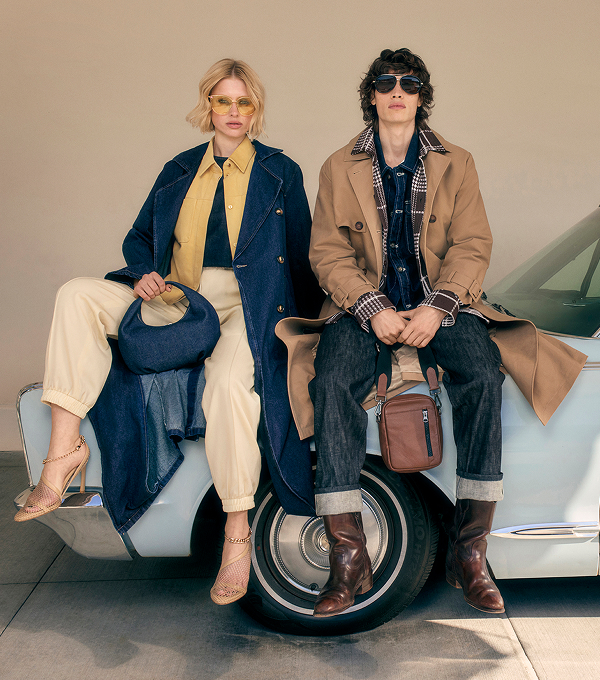 A male and female model wearing spring staples and statement sunnies.