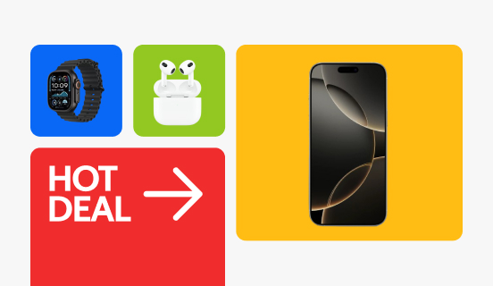 An Apple Watch Ultra 2 on a blue tile, a pair of Airpod Pros 3 on a green tile, and an Apple iPhone 16 Pro on a gold tile sits against a gray background. Text reads, 'Hot deals' on a red tile with a right arrow.